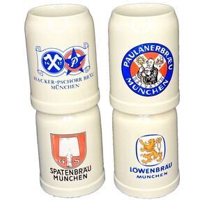 German Beer Steins Mugs 4 Set Stoneware .5 L Hacker Spaten Lowenbrau Paulanger